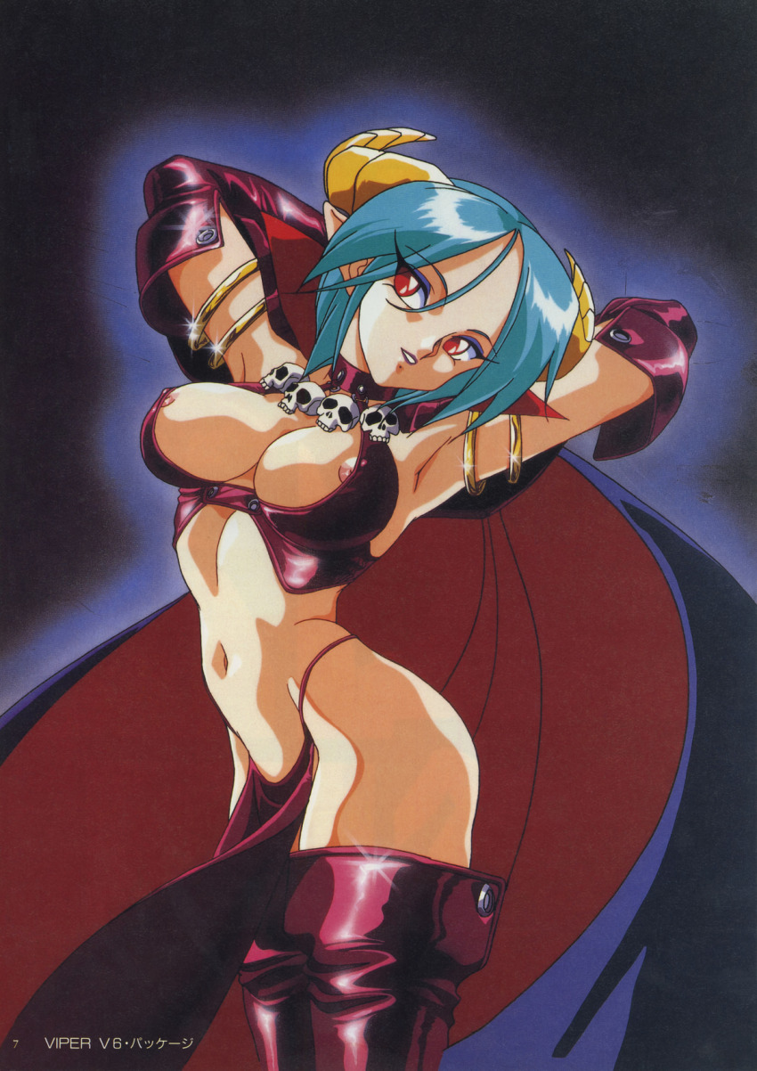 1girl arched_back arms_behind_head artist_request boots breasts carrera cleavage demon_girl green_hair highleg highres horns medium_breasts navel nipple_slip nipples non-web_source official_art parted_lips pelvic_curtain red_eyes scan solo thighhighs viper_(series) viper_gts