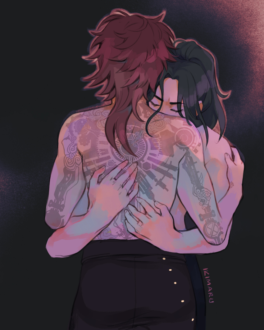 2girls arcane:_league_of_legends arcane_caitlyn arcane_vi arm_tattoo artist_name back_tattoo black_background black_pants caitlyn_(league_of_legends) closed_eyes commentary english_commentary hand_on_another&#039;s_shoulder hands_on_another&#039;s_back highres ikimaru league_of_legends long_hair multiple_girls pants purple_hair red_hair tattoo topless_female vi_(league_of_legends) yuri