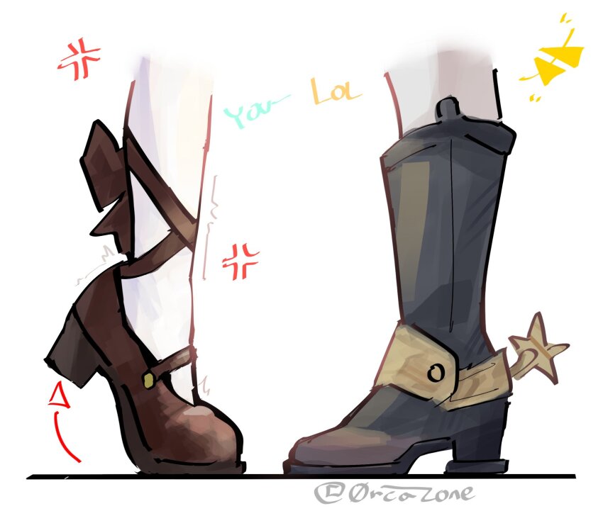 0rcazone 2girls anger_vein black_footwear boots dokibird_(vtuber) dokibird_(vtuber)_(bounty_hunter) highres implied_kiss indie_virtual_youtuber mary_janes mint_fantome multiple_girls shoes spurs tiptoes trembling twitter_username virtual_youtuber yuri