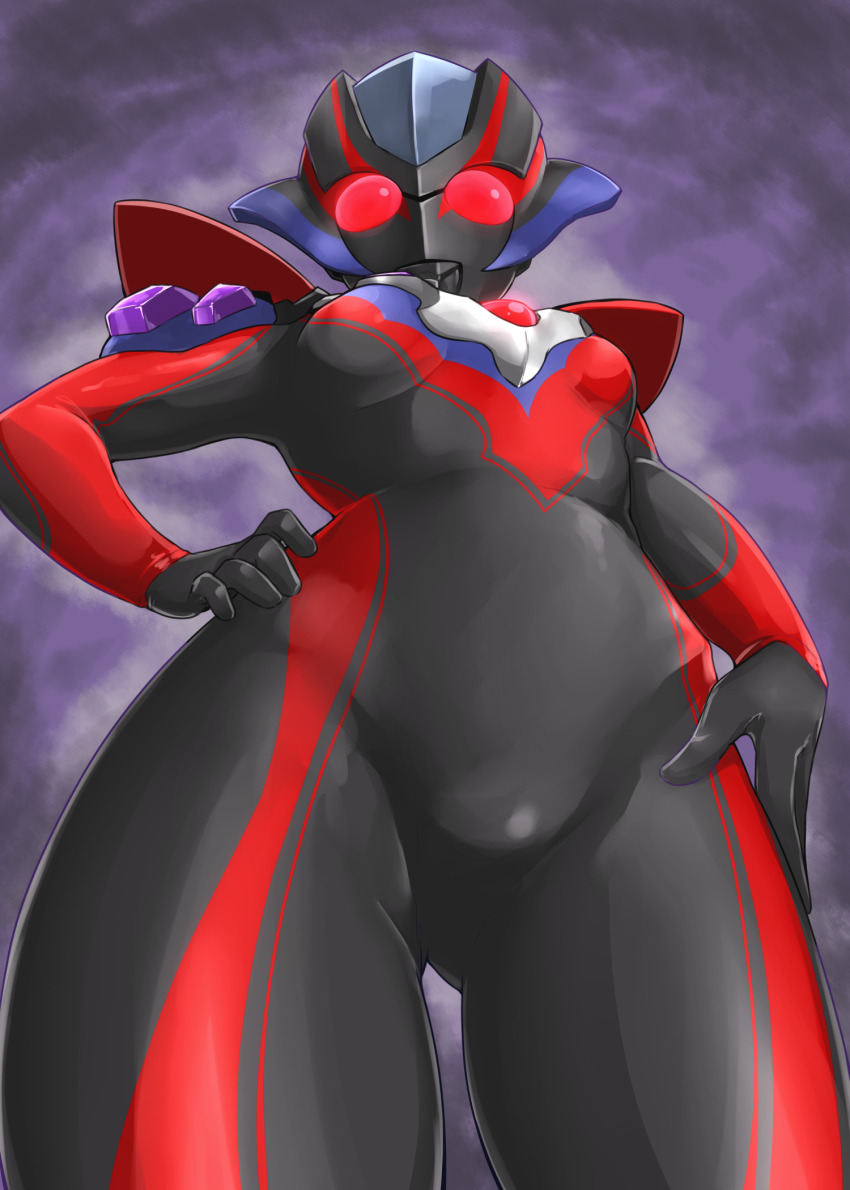 1girl alien armor black_skin color_timer colored_skin commentary compound_eyes cowboy_shot crotch dark_persona foreshortening from_below glowing glowing_eyes hand_on_own_thigh hands_on_own_hips highres looking_at_viewer looking_down multicolored_skin purple_background purple_skin red_armor red_eyes red_skin shoulder_armor shoulder_pads solo standing tokusatsu tsubasa_(godbardtsubasa) ultra_galaxy_(series) ultra_galaxy_fight:_the_destined_crossroad ultra_series ultrawoman_grigio_darkness