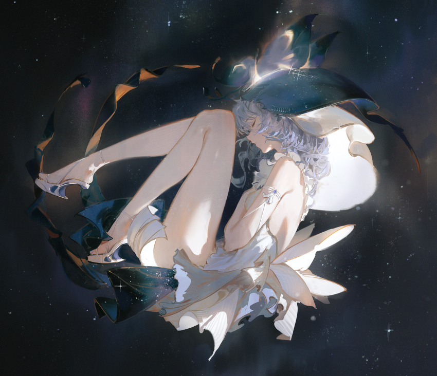 1girl absurdres arm_strap armlet bare_legs blue_gemstone blue_nails blue_veil breasts closed_eyes commentary diffraction_spikes dino_(dinoartforame) dress fetal_position floating from_side gem highres jewelry large_breasts legs long_hair nail_polish night night_sky parted_lips pose_request sandals shorekeeper_(wuthering_waves) sky sleeveless sleeveless_dress solo sparkle star_(sky) toenail_polish toenails toes veil white_dress wuthering_waves