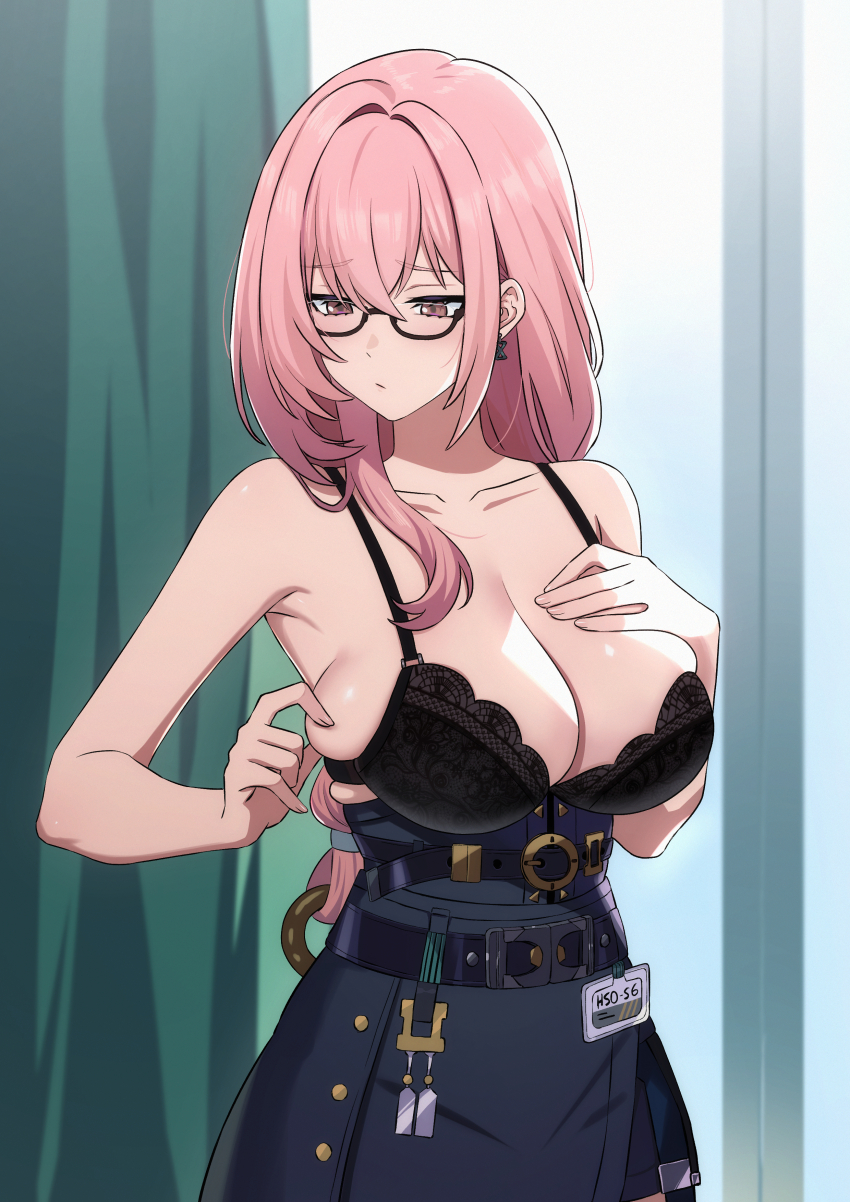 1girl absurdres belt black-framed_eyewear black_belt black_bra black_skirt blush bra breast_pinch breasts cleavage closed_mouth collarbone commentary curtains earrings glasses hand_on_own_chest has_bad_revision has_downscaled_revision high-waist_skirt highres hourglass_earrings jewelry large_breasts long_hair looking_down md5_mismatch pink_eyes pink_hair resolution_mismatch ring_hair_ornament semi-rimless_eyewear senapops skirt solo source_smaller tsukishiro_yanagi under-rim_eyewear underbust underwear weight_conscious zenless_zone_zero