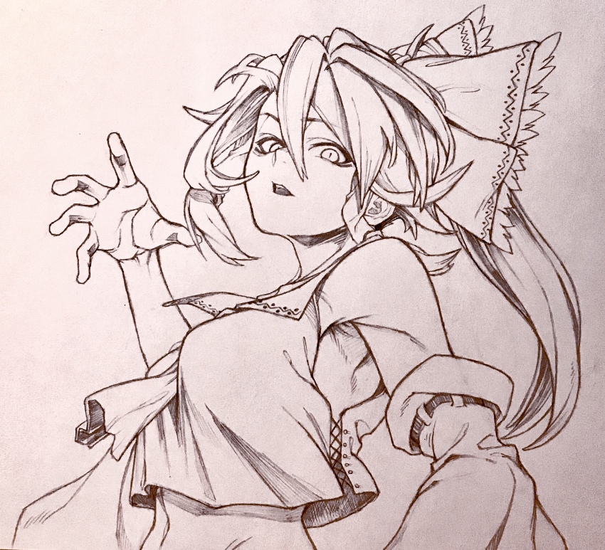 1girl akino_tsuki ascot ascot_between_breasts bare_shoulders between_breasts bow breasts clothes_between_breasts cropped_torso detached_sleeves frilled_bow frills hair_bow hair_tubes hakurei_reimu highres long_hair looking_at_viewer medium_breasts midriff monochrome ponytail simple_background slit_pupils touhou upper_body white_background