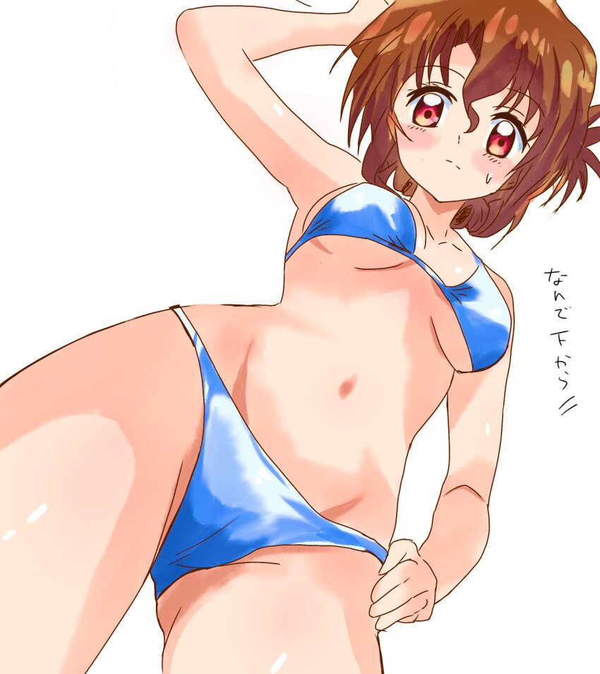 1girl arm_up armpits bikini blue_bikini blush breasts brown_hair cameltoe cleavage collarbone commentary_request cowboy_shot folded_ponytail from_below groin hair_between_eyes hand_on_own_hip hayate_no_gotoku! highres looking_at_viewer maria_(hayate_no_gotoku!) medium_breasts navel red_eyes sinri_neko solo stomach swimsuit thighs translation_request underboob wavy_hair