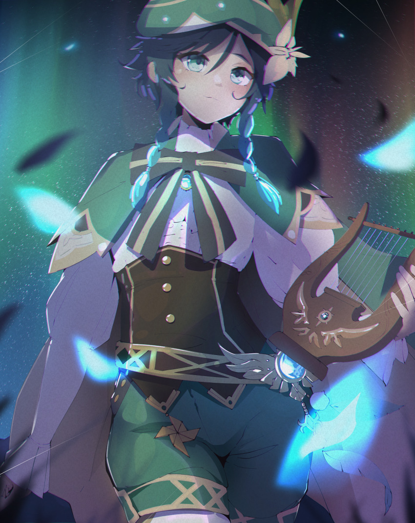 1boy absurdres aurora beret black_bow black_bowtie black_hair black_sky blue_eyes blue_gemstone blue_hair blush bow bowtie braid brown_corset buttons cape closed_mouth collared_shirt corset feathers flower frills gem genshin_impact gold_trim gradient_hair green_cape green_hat green_shorts hair_between_eyes hat hat_flower hat_ornament highres holding holding_instrument instrument leaf leaf_hat_ornament long_sleeves looking_to_the_side lyre male_focus marky_evan multicolored_hair night night_sky pantyhose petals pom_pom_(clothes) puffy_long_sleeves puffy_sleeves shirt short_hair shorts sky smile solo standing star_(sky) starry_sky striped_bow striped_bowtie striped_clothes twin_braids venti_(genshin_impact) vision_(genshin_impact) white_flower white_pantyhose white_shirt