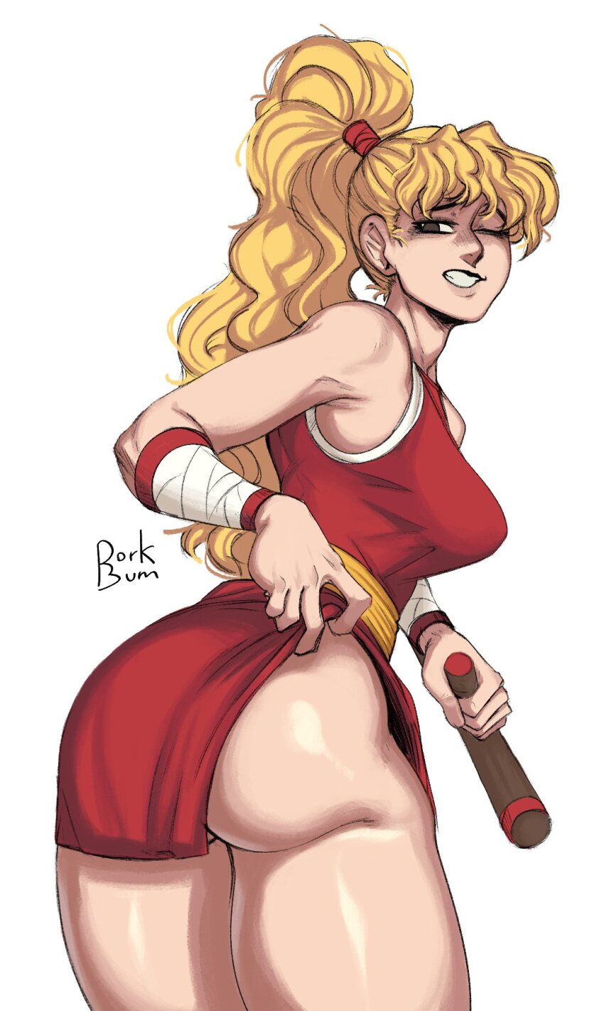 1girl ass blonde_hair brown_eyes capcom dork_bum final_fight final_fight_2 flashing genryuusai_maki grin highres maki_(final_fight) smile weapon