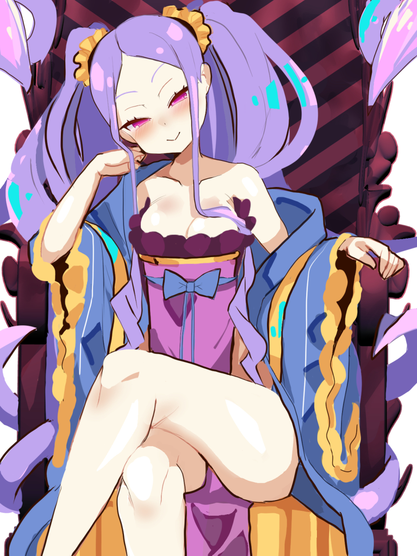 1girl bare_shoulders blush breasts chinese_clothes cleavage crossed_legs dress fate/grand_order fate_(series) forehead hair_ornament hair_scrunchie hanfu highres long_hair long_sleeves looking_at_viewer off_shoulder parted_bangs pelvic_curtain purple_dress purple_eyes purple_hair scrunchie shawl sidelocks sitting small_breasts smile solo thighs throne twintails user_fkzw8222 very_long_hair wide_sleeves wu_zetian_(fate) wu_zetian_(first_ascension)_(fate) yellow_scrunchie