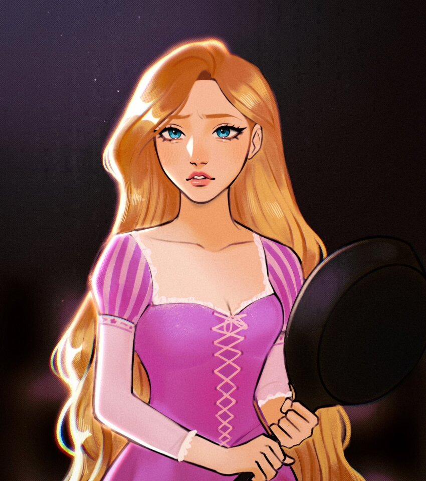 1girl blonde_hair blue_eyes commentary cross-laced_clothes cross-laced_dress dress eyelashes frying_pan gittanart highres holding holding_frying_pan long_hair long_sleeves parted_lips pink_lips puffy_sleeves purple_dress rapunzel rapunzel_(disney) simple_background solo symbol-only_commentary upper_body very_long_hair