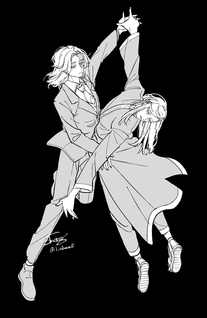 2boys burn_scar closed_mouth collared_shirt commentary dancing full_body greyscale half-closed_eyes highres holding_hands inui_seishu jacket kokonoi_hajime long_hair long_sleeves looking_at_another looking_down male_focus monochrome multiple_boys necktie pants parted_lips sandals scar scar_on_face shamoroku shirt signature simple_background standing symbol-only_commentary tokyo_revengers twitter_username vest wide-eyed