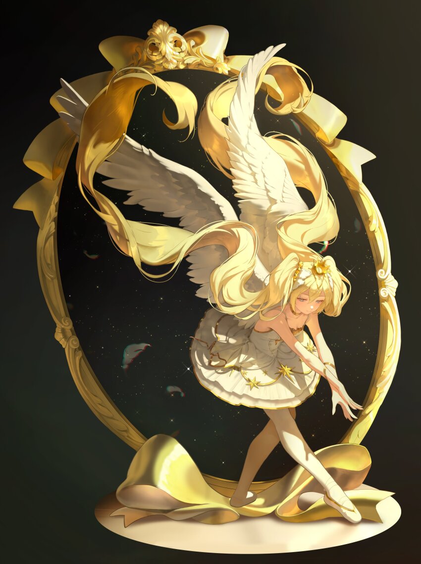 1girl absurdres ballerina ballet ballet_slippers bangsom black_background blonde_hair blue_eyes blush breasts closed_mouth dancing dress falling_feathers feathered_wings feathers full_body highres light_particles long_hair nora_(bangsom) original pantyhose skyline small_breasts smile solo tutu twintails very_long_hair white_dress white_pantyhose white_wings wind wings