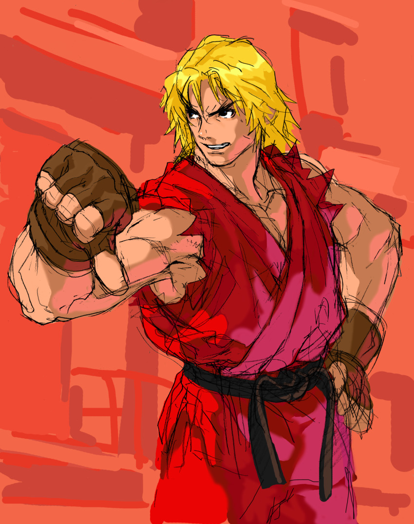 1boy blonde_hair dougi fingerless_gloves game_cg gloves grin hand_on_own_hip highres karate_gi ken_masters looking_to_the_side male_focus mma_gloves muscular muscular_male nishimura_kinu non-web_source official_art smile solo solo_focus street_fighter street_fighter_iii_(series) teeth thick_eyebrows thumbs_down