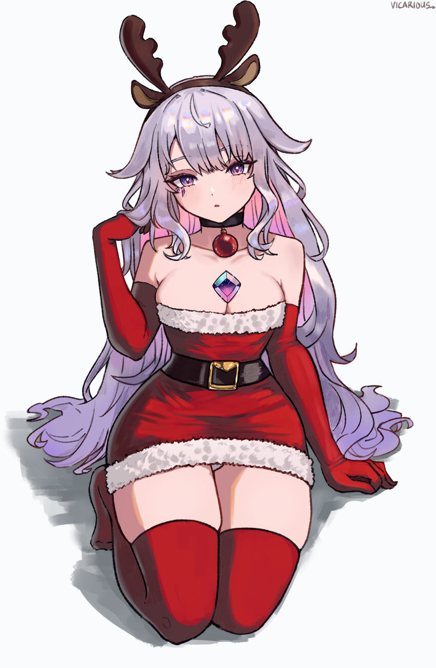 1girl absurdres alternate_costume black_choker breasts chest_jewel choker cleavage colored_inner_hair dress elbow_gloves fur-trimmed_dress fur_trim gloves grey_hair hair_flaps highres hololive hololive_english jewel_under_eye koseki_bijou long_hair looking_at_viewer medium_breasts multicolored_hair pink_hair purple_eyes red_gloves red_thighhighs santa_costume santa_dress sidelocks solo thighhighs very_long_hair vicarious virtual_youtuber