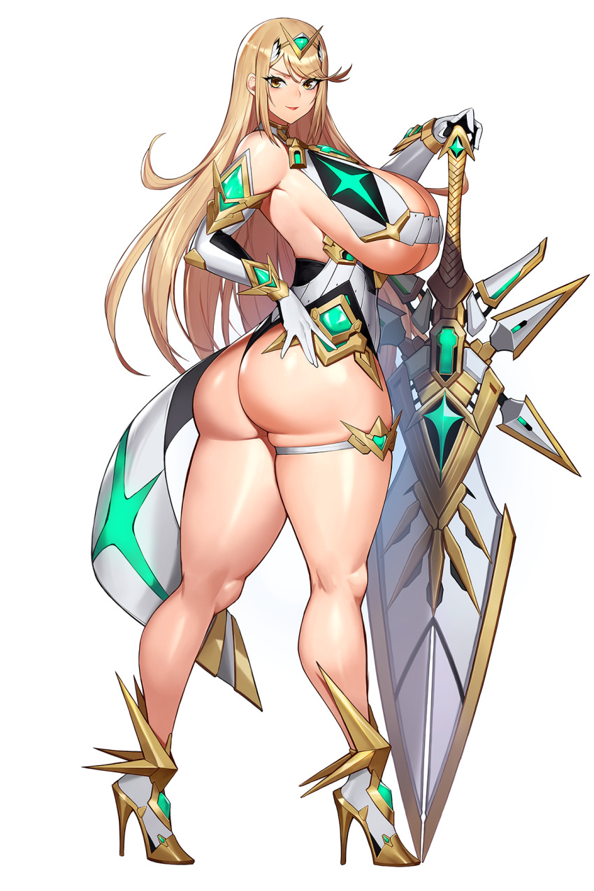 1girl aegis_sword_(xenoblade) ass bare_shoulders blonde_hair breasts chest_jewel cleavage cleavage_cutout clothing_cutout core_crystal_(xenoblade) curvy dress earrings elbow_gloves floating_earrings full_body gem gloves gurimjang hand_on_hilt headpiece high_heels highres huge_ass huge_breasts jewelry kneepits large_breasts long_hair looking_at_viewer microdress mythra_(xenoblade) smile solo swept_bangs thick_thighs thighs tiara twisted_torso underboob very_long_hair weapon xenoblade_chronicles_(series) xenoblade_chronicles_2 yellow_eyes