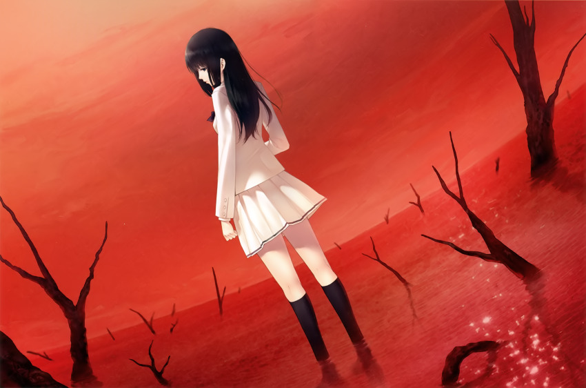 1girl absurdres arm_at_side bare_tree black_hair black_socks blue_eyes dutch_angle from_behind highres innocent_grey jacket kara_no_shoujo_2 kneehighs kuchiki_touko long_hair long_sleeves looking_to_the_side official_art pleated_skirt red_sky scan school_uniform skirt sky socks solo sugina_miki tree wading water white_jacket white_skirt