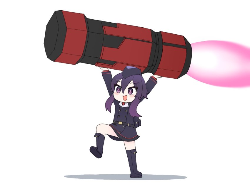 1girl arms_up belt black_skirt blue_archive blush boots buttons double-breasted full_body garrison_cap hair_ornament hairclip haruka_(blue_archive) hat highres jacket kutsusama long_hair long_sleeves miniskirt open_mouth pouch purple_eyes purple_hair purple_jacket rocket shadow simple_background skirt smile solo standing standing_on_one_leg white_background
