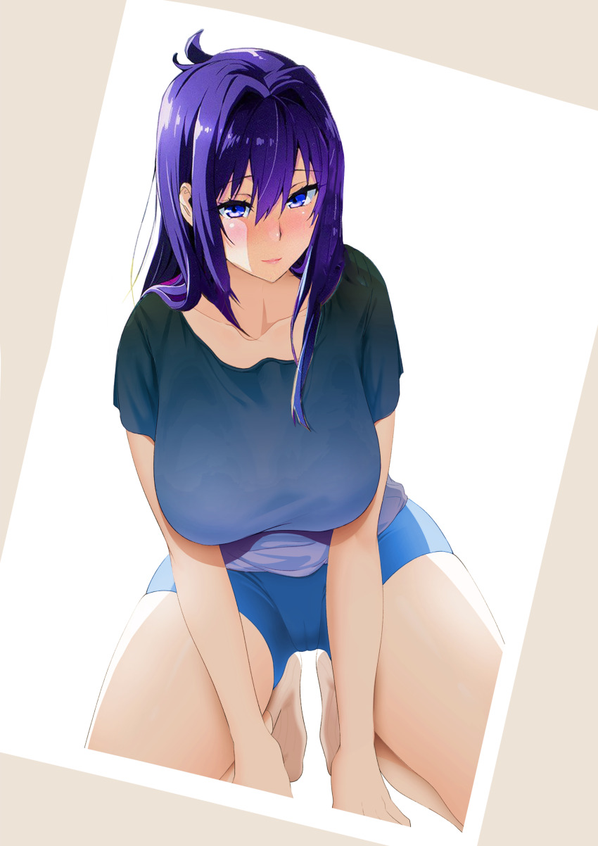 1girl absurdres blue_eyes breasts highres kneeling large_breasts long_hair maken-ki! nijou_aki purple_hair solo takeda_hiromitsu