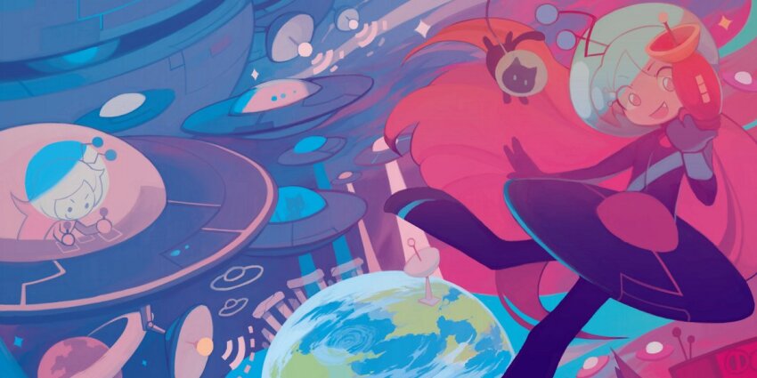 1girl alien animal antennae boots camellia_(musician) cat colorful commentary cute_weapon cyber_fashion dress earth_(planet) energy_gun english_commentary helmet holding holding_ray_gun long_hair looking_at_viewer official_art pink_hair planet ray_gun satellite solo space space_helmet spacecraft temmie_chang u.u.f.o ufo weapon