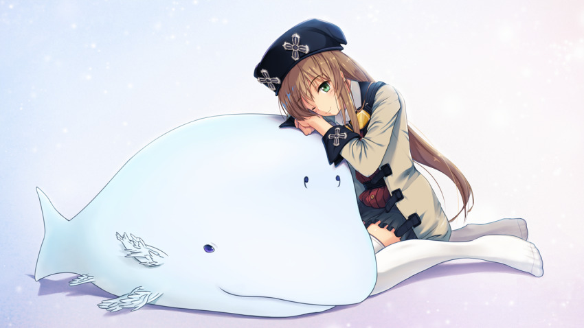 1girl akiyama_uta brown_hair el_mofus el_mofus_(brown_hair_female) hat long_hair looking_at_viewer ludo-rathowm miniskirt one_eye_closed pleated_skirt rance_(series) rance_x simple_background sitting skirt thighhighs thighs wariza whale white_thighhighs zettai_ryouiki