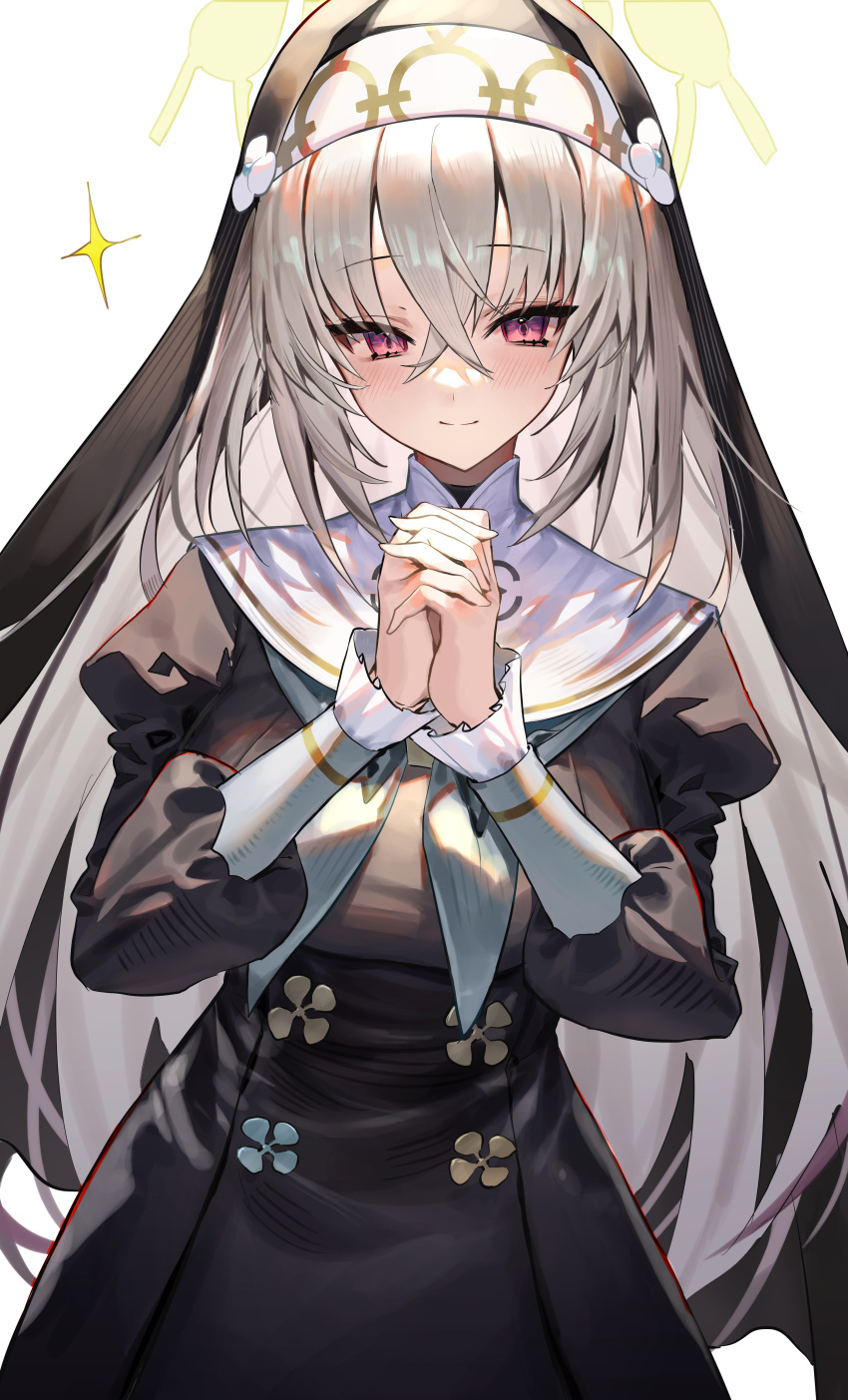 1girl absurdres black_dress black_headwear blue_archive blush closed_mouth cowboy_shot dress grey_hair halo highres kabi_(zcwd8845) long_hair long_sleeves looking_at_viewer nun own_hands_together pink_hair puffy_sleeves sakurako_(blue_archive) simple_background smile sparkle white_background yellow_halo