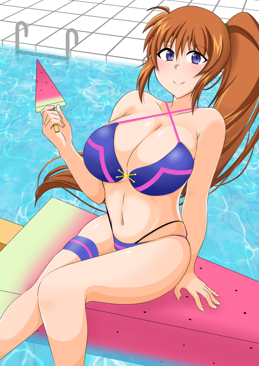 1girl bikini blue_eyes blush breasts brown_hair cleavage food highres kunisaki-air large_breasts long_hair lyrical_nanoha mahou_shoujo_lyrical_nanoha_strikers navel ponytail pool popsicle solo swimsuit takamachi_nanoha