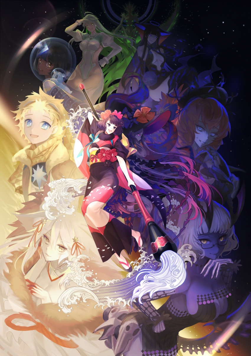 1boy 6+girls abigail_williams_(fate) abigail_williams_(third_ascension)_(fate) absurdres black_hair blonde_hair blue_eyes brown_hair covered_navel fate/grand_order fate_(series) giant_brush glasses glowing glowing_eyes green_eyes green_hair grey_hair halo hat helmet highres horns jacques_de_molay_(foreigner)_(fate) jacques_de_molay_(foreigner)_(third_ascension)_(fate) japanese_clothes katsushika_hokusai_(fate) kimono koala koyanskaya_(fate) koyanskaya_(lostbelt_beast:iv)_(fate) kukulkan_(fate) kukulkan_(second_ascension)_(fate) multiple_girls muneomon_(takomon) ort_(type-moon) purple_hair scarf smile space space_helmet tamamo_(fate) van_gogh_(fate) van_gogh_(second_ascension)_(fate) voyager_(fate) voyager_(third_ascension)_(fate) wandjina_(fate) witch_hat yang_guifei_(fate) yang_guifei_(third_ascension)_(fate)