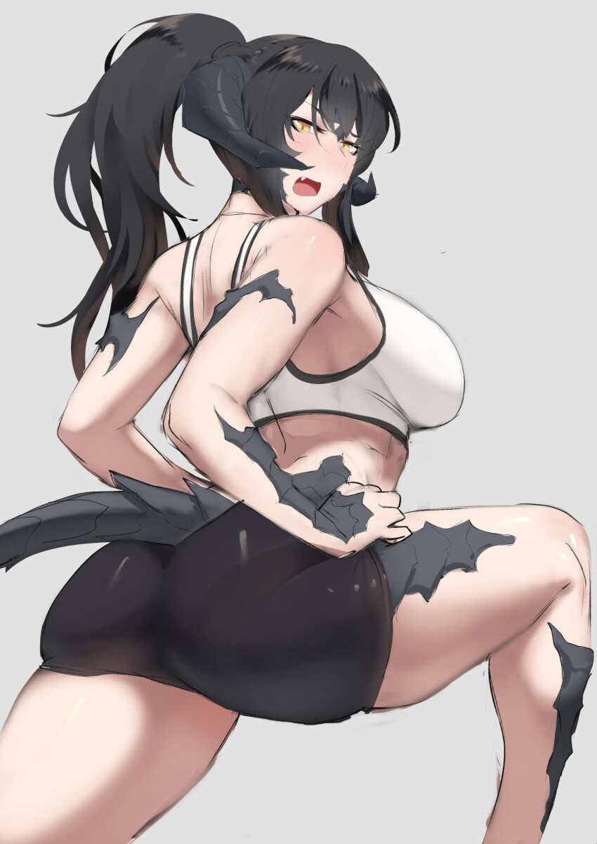 1girl ass au_ra bike_shorts black_hair black_shorts blush breasts commission dragon_horns dragon_tail eyebrows_hidden_by_hair fang final_fantasy final_fantasy_xiv from_behind grey_background hands_on_own_legs highres horns large_breasts looking_at_viewer looking_back open_mouth ponytail sapphira_nyx scales second-party_source shorts simple_background solo sports_bra stormcow stretching tail warrior_of_light_(ff14) white_sports_bra yellow_eyes