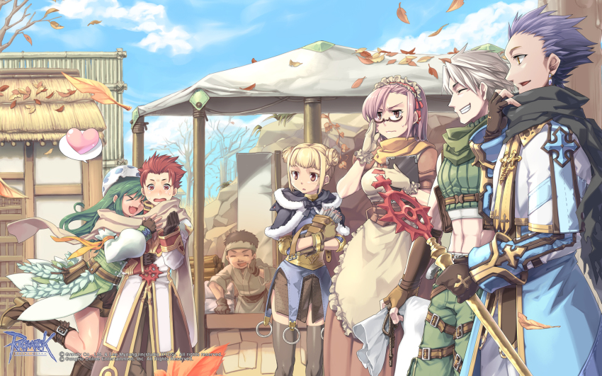 &gt;_&lt; 3boys 3girls :d adjusting_eyewear apron arch_bishop_(ragnarok_online) archer_(ragnarok_online) armored_skirt assertive_female autumn autumn_leaves bare_tree belt black_gloves black_scarf black_shirt blue_coat blue_hair blue_shirt blue_sky brown_dress brown_gloves brown_hair brown_pants brown_shorts brown_thighhighs canopy_(shelter) capelet clipboard closed_eyes cloud coat copyright_notice cowboy_shot crop_top crosier cross_of_prontera double_bun dress earrings eggshell_hat embarrassed eric_flay falling_leaves fingerless_gloves frilled_apron frills gloves gold_trim green_hair green_scarf green_shirt green_shorts grey_hair grin guest_art hair_bun hair_slicked_back heart hetero high_priest_(ragnarok_online) highres holding holding_clipboard holding_staff hug jewelry kafra_uniform leaf leilah_(ragnarok_online) logo long_hair long_sleeves looking_at_another maid maid_headdress multicolored_coat multiple_boys multiple_girls official_alternate_costume official_art official_wallpaper open_clothes open_coat open_mouth outdoors pants pink_hair ragnarok_online ranger_(ragnarok_online) red_coat red_eyes red_hair scarf shared_clothes shared_scarf shirt short_hair shorts sky smile spoken_heart staff thatched_roof thighhighs tree two-tone_coat v-shaped_eyebrows wavy_mouth white_apron white_capelet white_coat white_gloves xd