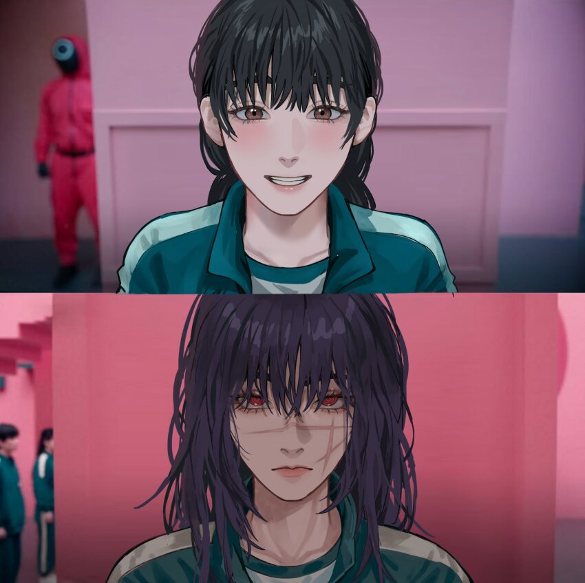 2girls before_and_after black_hair brown_eyes chainsaw_man commentary cross_scar facial_scar frown green_track_suit grin hashtag-only_commentary highres meme messy_hair mitaka_asa monhshur_r multiple_girls red_eyes ringed_eyes scar scar_on_cheek scar_on_face scar_on_nose smile squid_game track_suit year_1_&amp;_year_2_(squid_game)_(meme) yoru_(chainsaw_man)