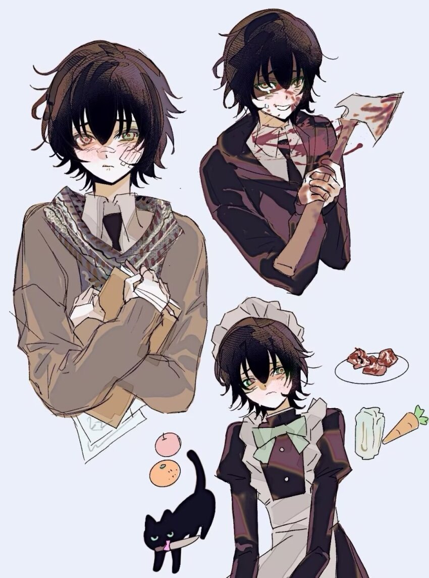 1boy apple apron axe black_cat black_dress black_hair black_hoodie black_necktie blood blood_on_clothes blood_on_face bloody_weapon book carrot cat collared_shirt crossdressing degrees_of_lewdity dress food freesia_quan fruit green_eyes grey_background heterochromia highres holding holding_axe holding_book hood hood_down hoodie knife kylar_(degrees_of_lewdity) kylar_(male)_(degrees_of_lewdity) long_sleeves maid maid_apron maid_headdress male_focus meat necktie orange_(fruit) orange_eyes shirt solo weapon white_shirt