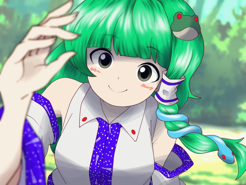 1girl bare_shoulders blunt_bangs blurry blush_stickers breasts bush collared_shirt commentary depth_of_field detached_sleeves dot_nose edwardmidori english_commentary facing_viewer frog_hair_ornament grass green_hair hair_intakes hair_ornament hair_tubes highres kochiya_sanae large_breasts long_sleeves looking_at_viewer medium_hair mountain_of_faith outdoors outstretched_hand patterned_clothing shirt single_hair_tube single_sidelock sleeveless sleeveless_shirt smile snake_hair_ornament solo touhou upper_body wide_sleeves wing_collar yellow_eyes zun_(style)