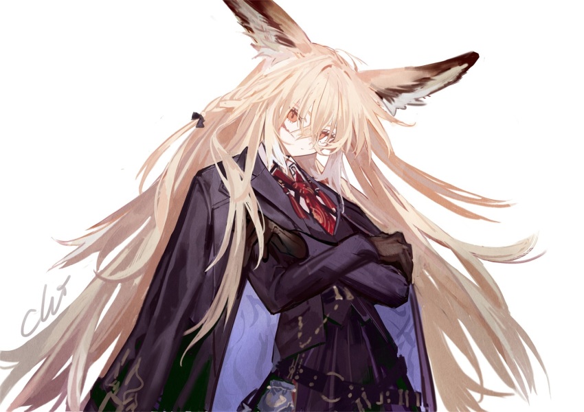 1girl animal_ear_fluff animal_ears arknights black_gloves black_jacket blonde_hair braid closed_mouth crossed_arms eyebrows_hidden_by_hair formal_clothes fox_ears fox_girl gloves hair_between_eyes jacket long_hair long_sleeves looking_at_viewer necktie red_necktie scar scar_on_face shirt simple_background solo suit very_long_hair vulpisfoglia_(arknights) white_background xiao_chichi