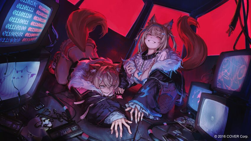 2girls absurdres all_fours animal_ear_fluff animal_ears asymmetrical_legwear belt binary blonde_hair blue_eyes breasts cleavage collar copyright_notice crt dog_ears fishnets frilled_sleeves frills fuwawa_abyssgard fuwawa_abyssgard_(1st_costume) grin hair_ornament hairband hairclip highres holoadvent hololive hololive_english hyde_(tabakko) jacket large_breasts long_hair mismatched_legwear mococo_abyssgard mococo_abyssgard_(1st_costume) monitor multiple_girls open_mouth pink_eyes short_hair shorts siblings sisters smile smirk spiked_hairband spikes tail thighhighs twins virtual_youtuber wire