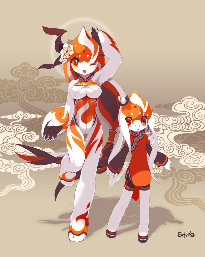2016 2girls absurdres age_progression aura bike_shorts body_markings bodysuit braid breasts child china_dress chinese_clothes colored_skin dolphin dolphin_girl dress flower full_body furry furry_female glasses headgear highres krita_(medium) large_breasts lingxi_the_spirit_dolphin long_hair long_sleeves looking_at_viewer multiple_girls non-web_source one_eye_closed open_mouth original red_dress red_eyes signature simple_background smile spirit_animals_in_disguise standing standing_on_one_leg toeless_legwear toned toned_female tyson_tan underboob white_skin