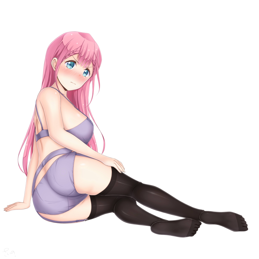 1girl absurdres aqua_eyes ass back bare_shoulders blue_eyes blush bokutachi_wa_benkyou_ga_dekinai bra braid breasts butt_crack garter_straps highres kirisu_mafuyu large_breasts legs long_hair looking_at_viewer looking_back lying on_side panties pink_hair sainohikari simple_background sitting solo thighhighs thighs underboob underwear white_background