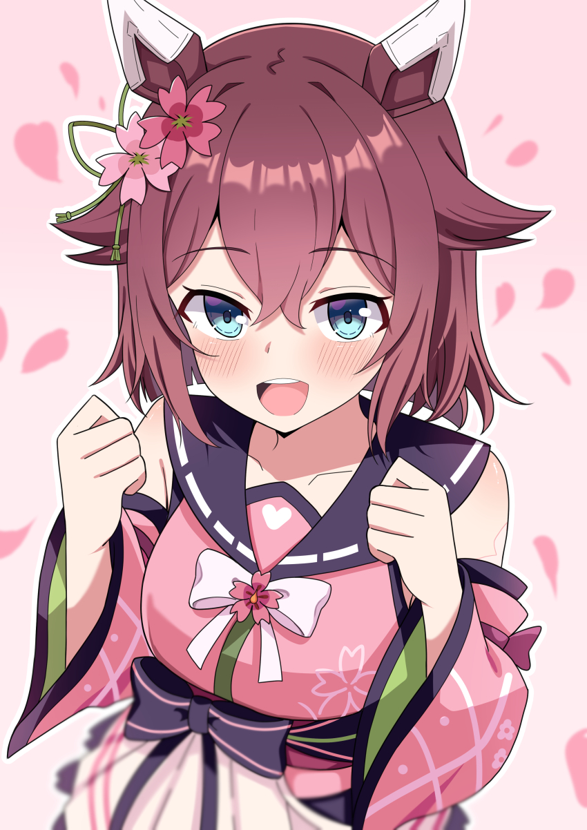 1girl absurdres animal_ears blue_eyes blush breasts clenched_hands detached_sleeves flower hair_between_eyes hair_flaps hair_flower hair_ornament highres horse_ears horse_girl hosinonana looking_at_viewer medium_breasts medium_hair open_mouth pink_background pink_hair ribbon sakura_chiyono_o_(umamusume) simple_background teeth umamusume upper_teeth_only