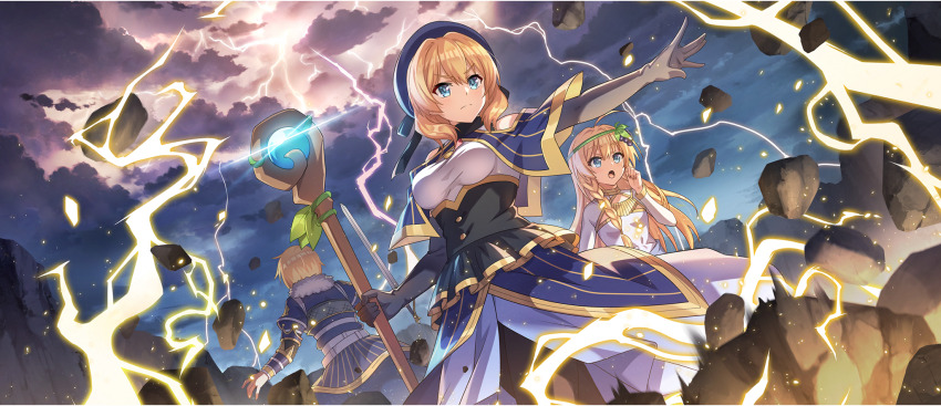 3girls :o ahoge beret black_corset black_gloves black_pantyhose blonde_hair blue_capelet blue_coat blue_dress blue_eyes blue_hat braid breasts capelet claire_(konosuba) coat corset debris dress elbow_gloves electricity food-themed_hair_ornament from_below fur-trimmed_coat fur_trim game_cg gloves gold_necklace gold_trim grape_hair_ornament green_hairband hair_ornament hair_over_shoulder hairband hand_up hat high-low_skirt highres holding holding_staff holding_sword holding_weapon iris_(konosuba) jewelry kono_subarashii_sekai_ni_shukufuku_wo! konosuba!_fantastic_days large_breasts long_coat long_dress long_hair mage_staff magic medium_hair multiple_girls necklace off-shoulder_capelet official_art open_mouth outstretched_arm overcast pantyhose rain_(konosuba) serious short_hair side_braid sky sleeveless sleeveless_dress small_breasts staff sword turtleneck turtleneck_dress v-shaped_eyebrows weapon white_dress