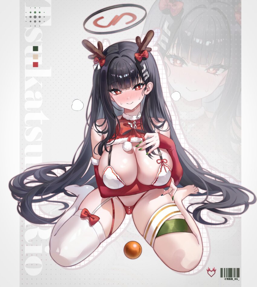 1girl absurdres alternate_costume argyle_clothes arm_under_breasts barcode bare_shoulders black_hair black_halo blue_archive blush bow bra breasts cleavage closed_mouth fake_antlers fur-trimmed_sleeves fur_trim green_nails hair_bow halo hashtag-only_commentary highres long_hair looking_at_viewer mrr_05 nail_polish panties pom_pom_(clothes) red_bow red_eyes red_panties red_sleeves rio_(blue_archive) single_bare_foot single_thighhigh sitting small_sweatdrop smile thighhighs underwear very_long_hair wariza white_bra white_thighhighs zoom_layer