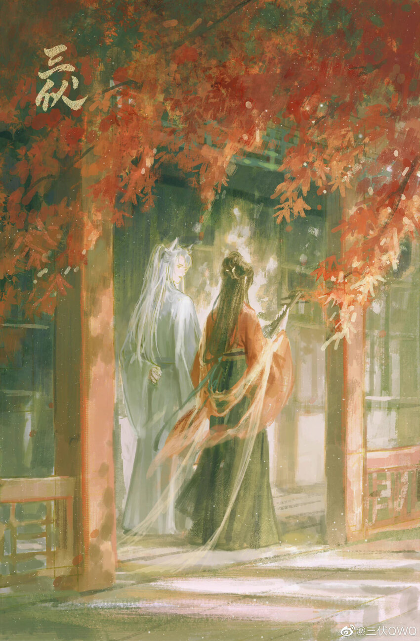 1boy 1girl absurdres animal_ears architecture arm_behind_back autumn autumn_leaves black_hair black_skirt blue_hanfu branch character_request chinese_clothes chinese_text closed_mouth copyright_request day east_asian_architecture expressionless fox_ears from_behind full_body grey_eyes hair_bun hair_ornament half_updo hanfu highres leaf light_particles long_hair long_skirt long_sleeves looking_at_another outdoors pleated_skirt ponytail red_shirt sanfu_qwq shirt single_hair_bun skirt sleeves_past_wrists title veranda very_long_hair walking watermark weibo_watermark wide_sleeves