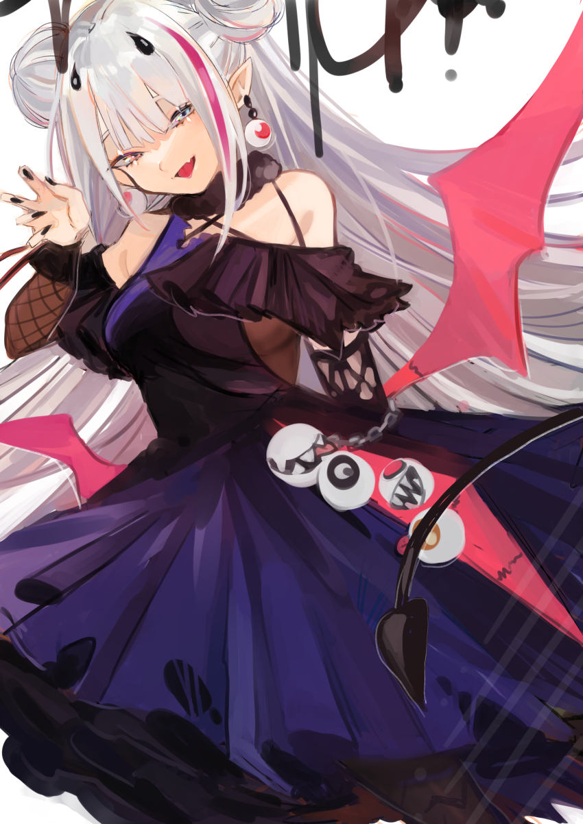 1girl aaoshigatoutoi absurdres bare_shoulders bat_wings blue_eyes demon_tail dress earrings eyeball_earrings fang girls&#039;_frontline hair_bun halloween_costume heterochromia highres jewelry long_hair looking_at_viewer mdr_(ghost_trap)_(girls&#039;_frontline) mdr_(girls&#039;_frontline) multicolored_hair nail_polish official_alternate_costume pink_hair pointy_ears purple_dress single_hair_bun smile solo streaked_hair tail white_background wings