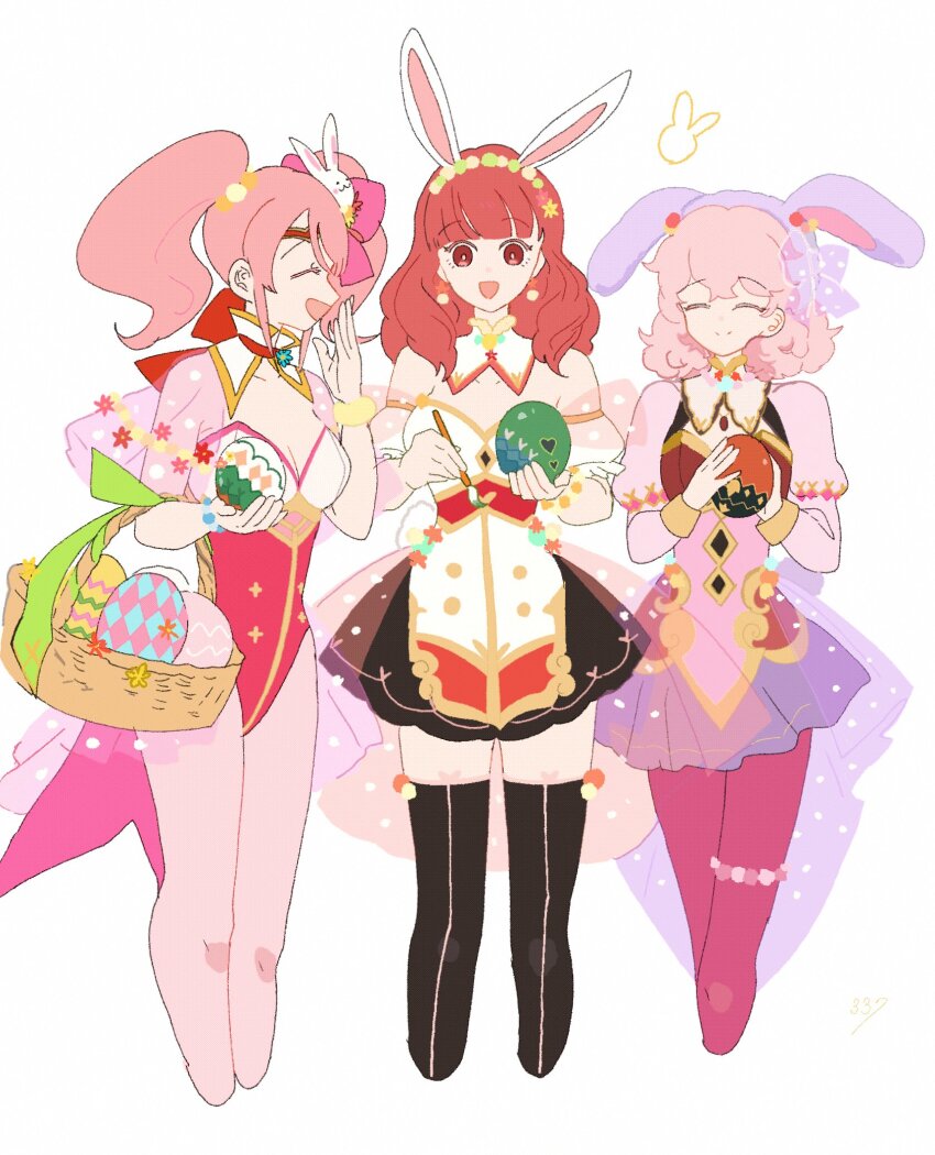 3girls alternate_costume animal_ears basket black_thighhighs blunt_bangs celica_(fire_emblem) closed_eyes closed_mouth easter_egg egg fake_animal_ears fire_emblem fire_emblem_echoes:_shadows_of_valentia fire_emblem_heroes genny_(fire_emblem) highres holding holding_basket holding_paintbrush leotard mae_(fire_emblem) mae_(spring)_(fire_emblem) multiple_girls nintendo official_alternate_costume open_mouth orange_eyes orange_hair paintbrush pantyhose pink_hair playboy_bunny rabbit_ears sasaki_(dkenpisss) smile thighhighs twintails