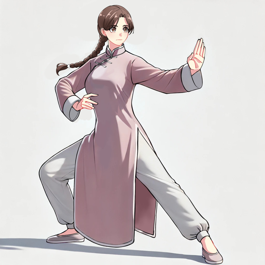 1girl absurdres braid brown_eyes brown_hair changpao china_dress chinese_clothes dress fighting fighting_stance highres kokoro_no_koibito kung_fu long_hair long_sleeves martial_arts monk original pink_dress selfie shaolin_monk single_braid solo tangzhuang training