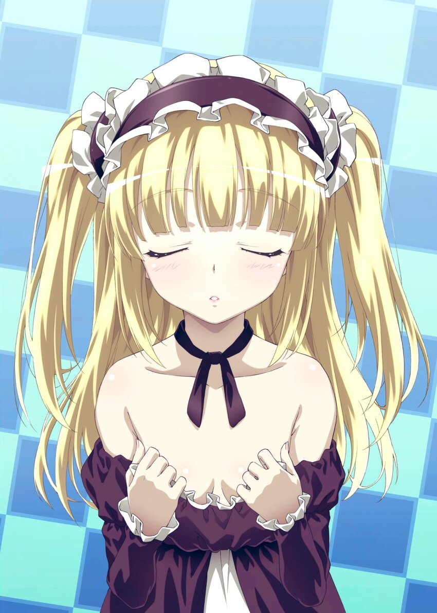 1girl bare_shoulders black_dress black_ribbon blonde_hair blush boku_wa_tomodachi_ga_sukunai breasts checkered_background cleavage closed_eyes clothes_pull dress dress_pull facing_viewer frilled_dress frills hairband hasegawa_kobato highres lolita_hairband long_hair long_sleeves neck_ribbon parted_lips pulling_own_clothes ribbon small_breasts solo two_side_up upper_body watanabe_yoshihiro