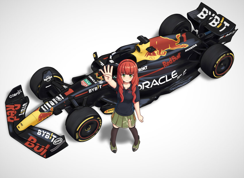 1girl adapted_costume black_hairband black_shirt black_thighhighs car commentary_request commission de_ruyter_(kancolle) formula_one from_above green_eyes green_skirt grey_background hairband highres kantai_collection konato_k logo long_hair motor_vehicle oracle_(company) race_vehicle racecar red_bull red_hair shirt simple_background skirt solo standing tag_heuer thighhighs wavy_hair