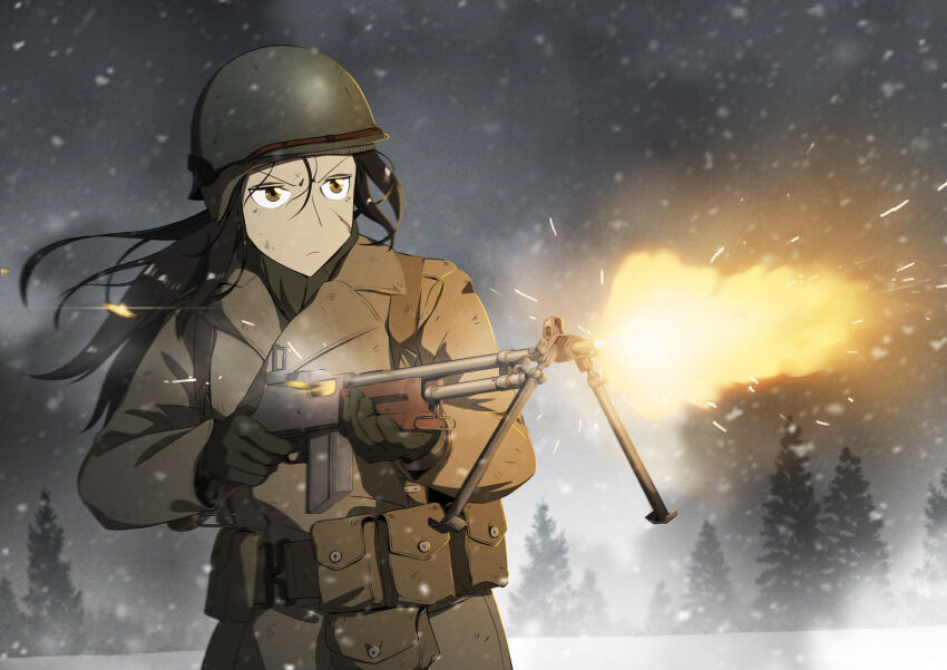 1girl ammunition_pouch belt bipod black_hair brown_eyes shell_casing combat_helmet firing gloves gun helmet highres holding holding_gun holding_rifle holding_weapon light_machine_gun long_hair m1918_bar m1918_browning_automatic_rifle m1_helmet machine_gun magazine_(weapon) mrxinom muzzle_flash original pouch rifle scar snow tree united_states_army weapon winter world_war_ii