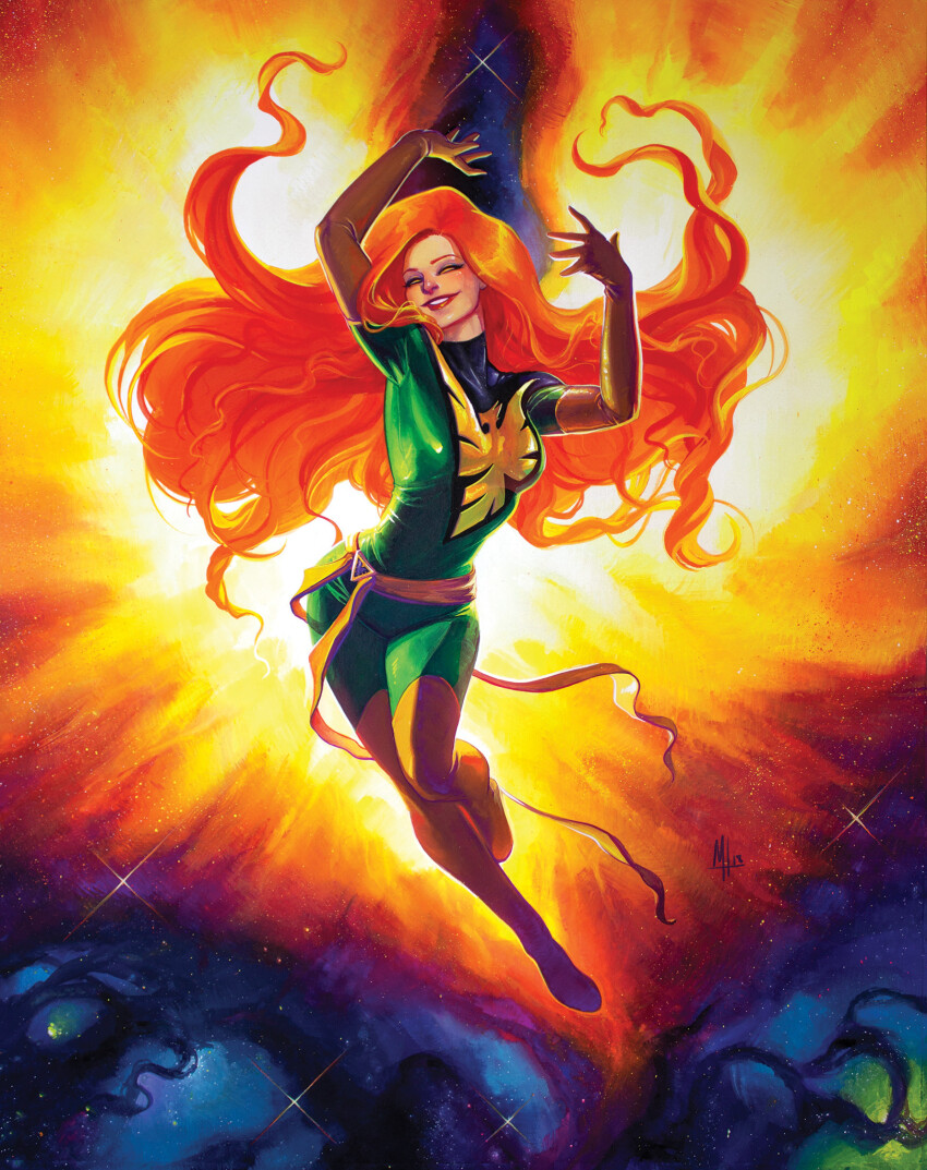 1girl belt bodysuit boots breasts elbow_gloves eyeshadow fiery_wings floating_hair gloves gouache_(medium) green_bodysuit highres jean_grey long_hair looking_at_viewer makeup marvel medium_breasts meghan_hetrick open_hands orange_belt orange_boots orange_gloves orange_hair painting_(medium) parted_lips phoenix_(x-men) purple_eyeshadow red_lips smile solo space star_(sky) superhero_costume thigh_boots traditional_media very_long_hair wings x-men