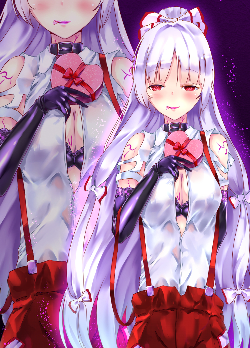1girl absurdres amatou3 black_bra black_gloves box bra breast_tattoo breasts cleavage collar corruption elbow_gloves fujiwara_no_mokou gift gift_box gloves hair_ribbon heart heart-shaped_box heart-shaped_pupils highres large_breasts licking_lips lipstick long_hair looking_at_viewer makeup pants ponytail purple_lips red_eyes ribbon shirt silver_hair suspenders symbol-shaped_pupils tattoo tongue tongue_out torn_clothes torn_shirt touhou tress_ribbon underwear very_long_hair zoom_layer