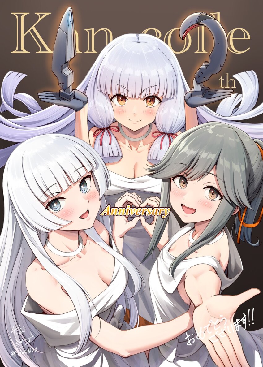 3girls alternate_costume anniversary black_gloves blunt_bangs blush breasts cleavage commentary_request copyright_name dress floating_headgear gloves grey_hair hair_ribbon headgear heart heart_hands heart_hands_duo highres ichikawa_feesu jewelry kantai_collection long_hair looking_at_viewer medium_breasts multiple_girls murakumo_(kancolle) neck_ring open_mouth ponytail red_ribbon ribbon shirakumo_(kancolle) simple_background sleeveless sleeveless_dress small_breasts tress_ribbon twitter_username usugumo_(kancolle) white_dress white_hair