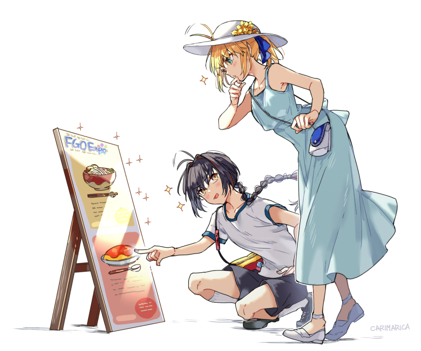 1girl 1other ahoge ahoge_wag androgynous artoria_pendragon_(fate) bare_shoulders black_hair blonde_hair braid braided_ponytail breasts brown_eyes carimarica dress expressive_hair fate/grand_order fate/samurai_remnant fate_(series) green_eyes hair_ribbon hat long_hair medium_breasts open_mouth ponytail ribbon saber_(fate) shirt short_sleeves shorts sidelocks sign smile sparkle squatting sun_hat yamato_takeru_(fate)