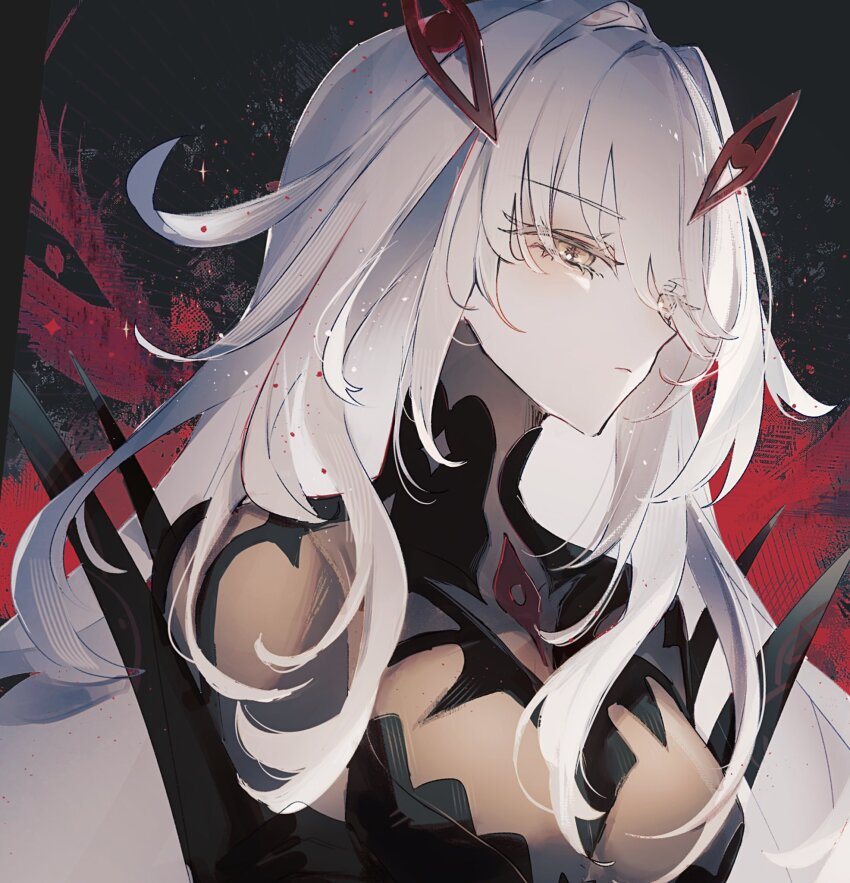 1girl bodystocking closed_mouth cowlick expressionless eye_hair_ornament eye_symbol from_side genshin_impact hair_between_eyes hair_intakes hair_ornament highres kino-cands long_hair looking_afar red_wings ronova_(genshin_impact) side_ahoge solo very_long_hair white_hair wings yellow_eyes