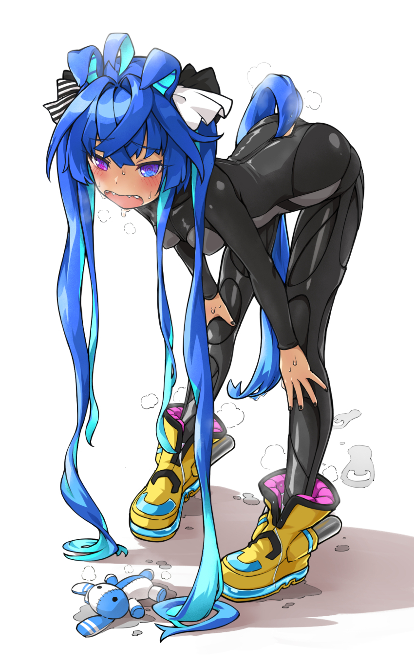 1girl @_@ ahoge animal_ears black_bodysuit blue_eyes blue_hair bodysuit boots crossed_bangs heterochromia highres horse_ears horse_girl horse_tail long_hair looking_at_viewer open_mouth purple_eyes sharp_teeth solo stuffed_animal stuffed_rabbit stuffed_toy tail teeth twin_turbo_(blast_mode!_turbo_engine)_(umamusume) twin_turbo_(umamusume) twintails umamusume yellow_boots yingjian